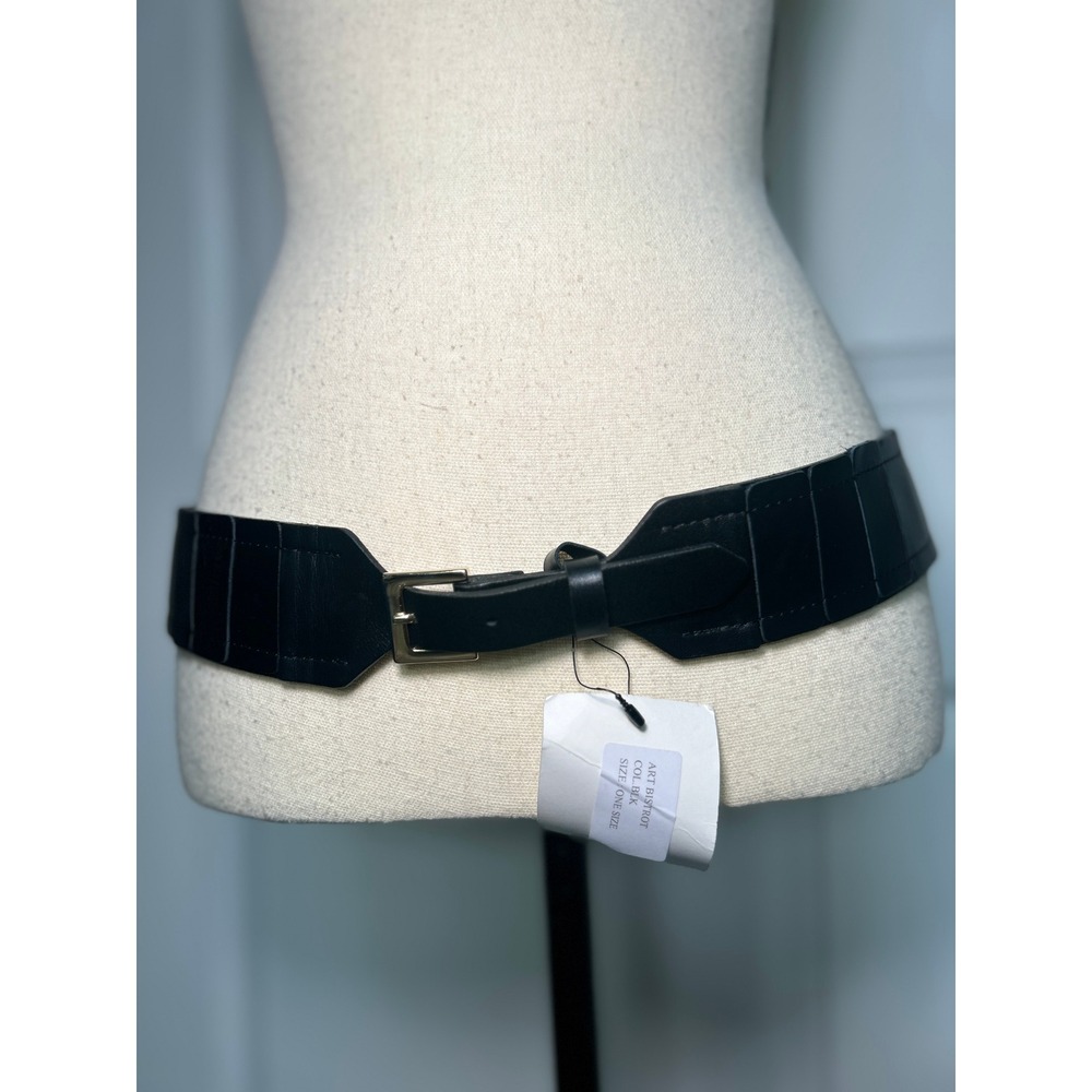 Punto Fibbia Black Italian Leather Belt Elastic Stretch Waist M Gold Buckle NWT
